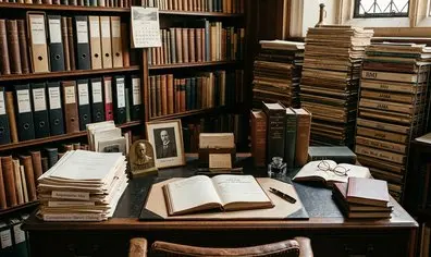 Archival documents and medical texts resting on a wooden desk