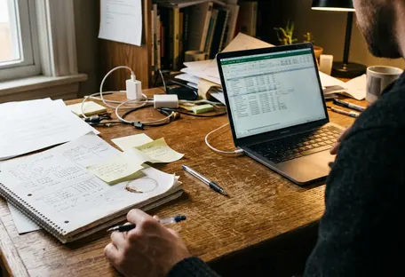 Field Editorial desk with notes and drafts spread unevenly across a scratched wooden surface