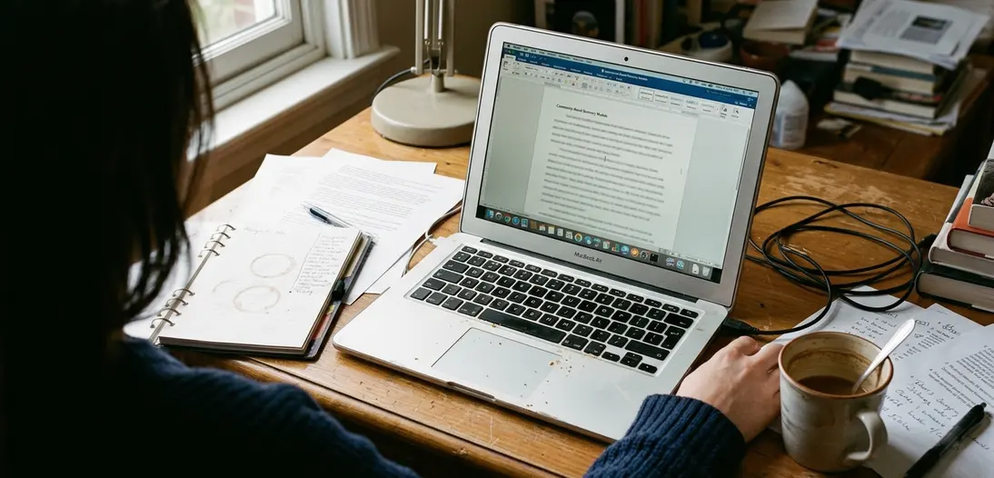 Candid shot of home office writing setup with laptop, screen open to a half-drafted document