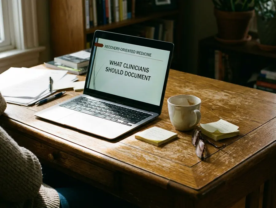 Candid shot of home office writing setup with laptop slightly off-center on a scratched oak