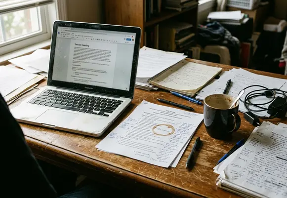 Candid shot of Editorial desk with notes and drafts spread unevenly across a scratched wooden