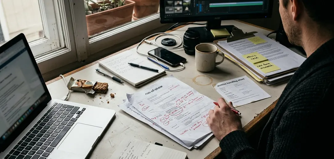 Field Content creation workspace, clean aesthetic but lived-in: a printed run-of-show marked up in red