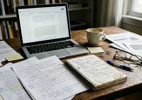 On-site Editorial desk with notes and drafts for the section Keep the interruption disciplined