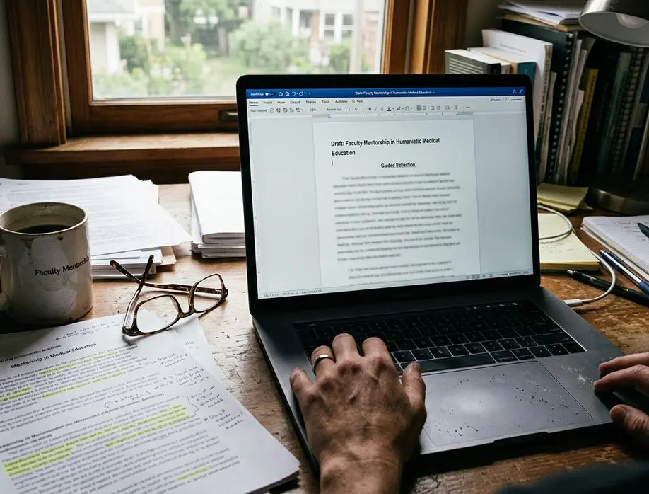 Field Home office writing setup with laptop, screen open to the draft on faculty mentorship
