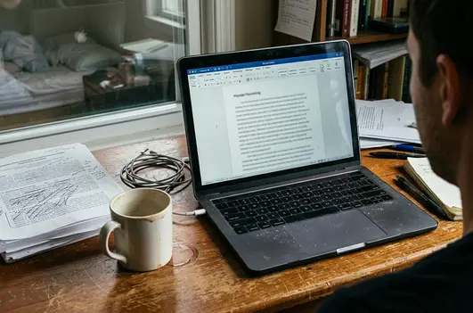Home office writing setup with laptop slightly off-center on a scratched wooden desk, screen showing