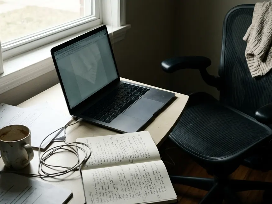 Documentary take on Home office writing setup with laptop, captured mid-afternoon as the writer steps