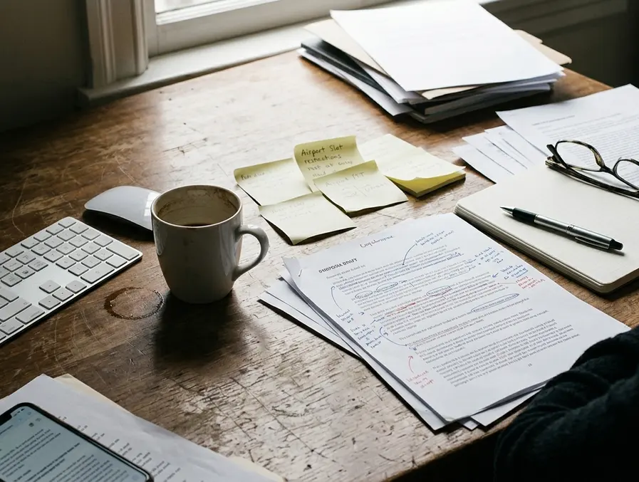 On-site Editorial desk with notes and drafts spread across a scuffed wooden surface